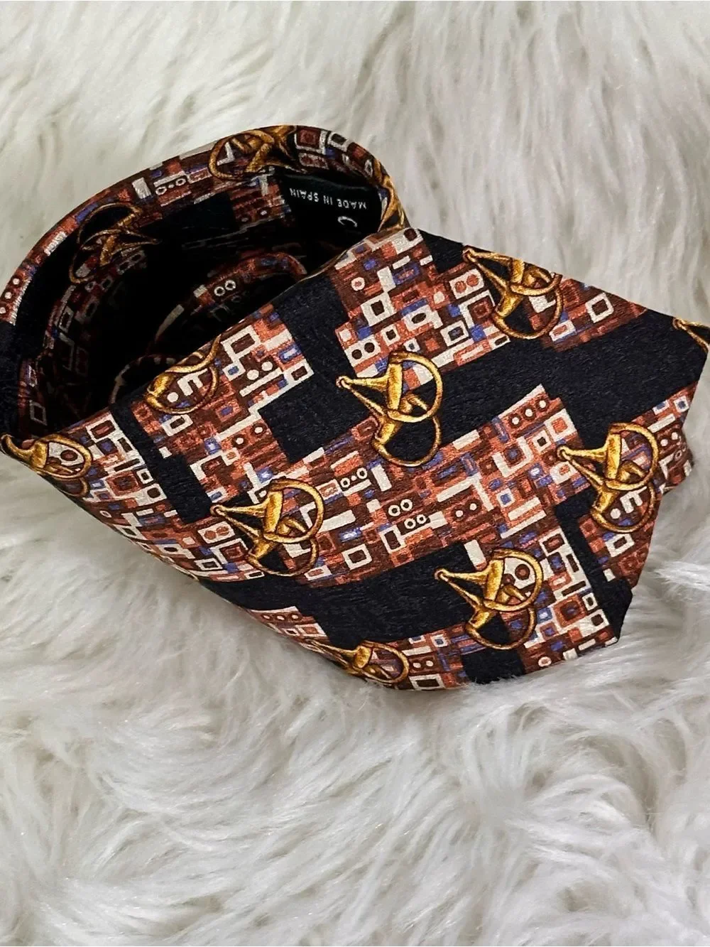 Celine Black, Brown & Gold Geometric Print Silk Tie